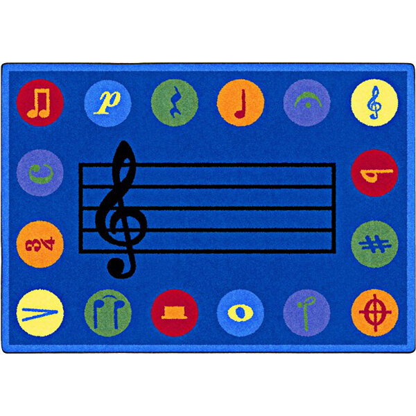A multicolored rectangular area rug with a blue background and music notes and symbols in yellow and red circles.