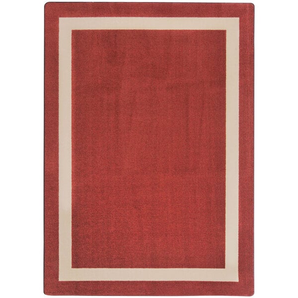 A red and white rectangular area rug with a beige border.