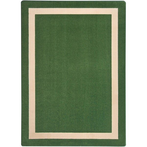 A green rectangular area rug with white stripes.