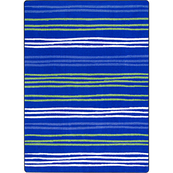 A white rectangle area rug with blue and green stripes.