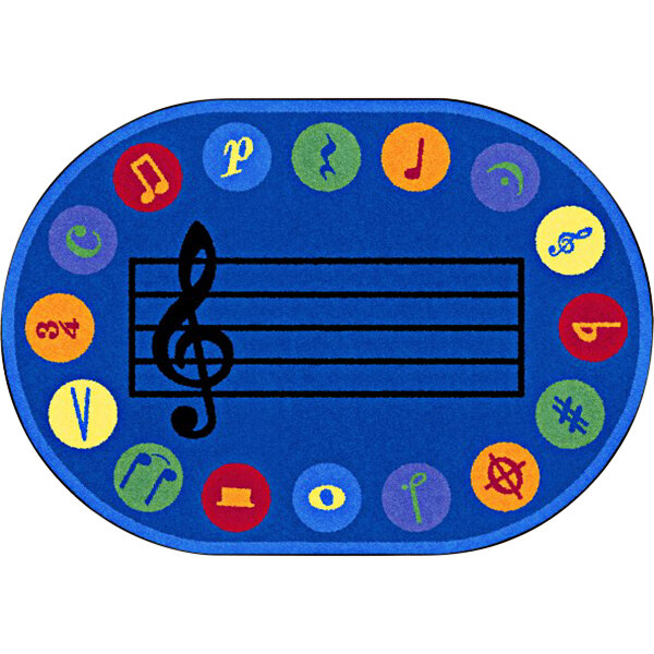 A blue oval area rug with a yellow music note in a red circle and colorful symbols.
