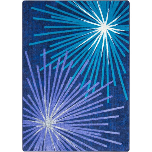 A violet rectangular area rug with a starburst design in blue and purple.