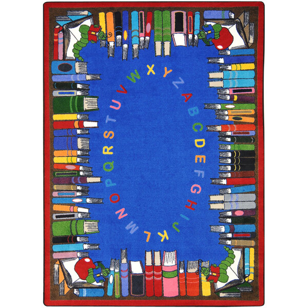 A multicolored rectangular area rug with a blue border featuring letters and numbers.