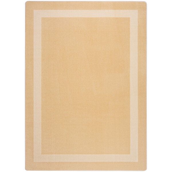 A tan rectangular area rug with a white border and white stripe.