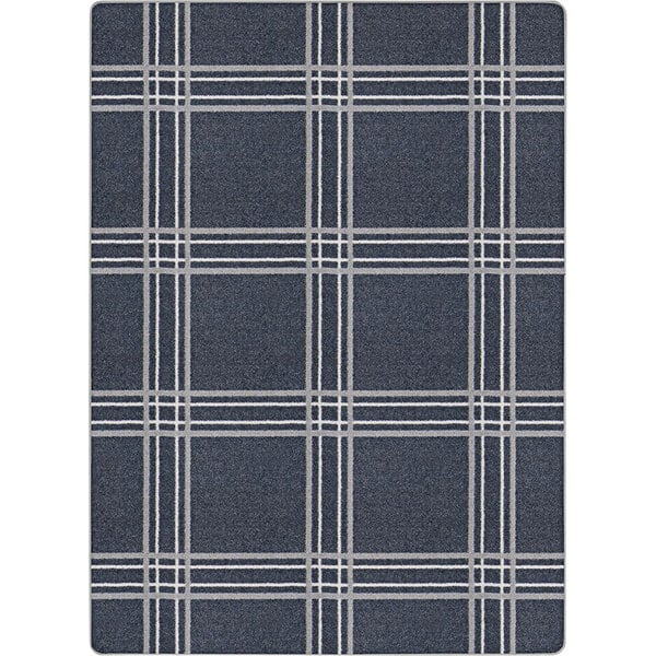 A close-up of a blue and white plaid Joy Carpets area rug.