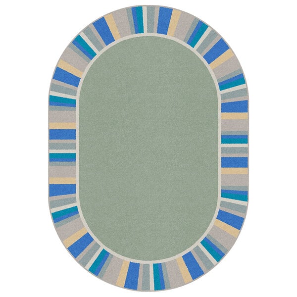 An oval sage green area rug with blue, green, and yellow stripes and a border.