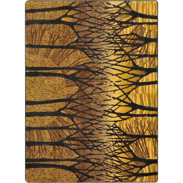 A close-up of a Joy Carpets area rug with trees on it in goldenrod colors.