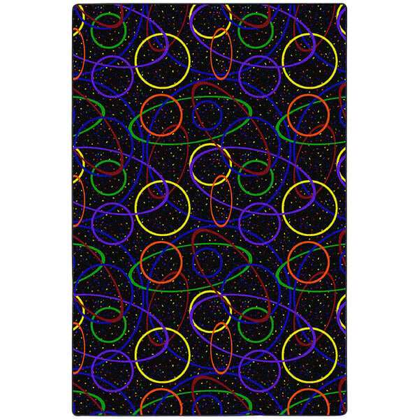 A black area rug with colorful circles in squares.