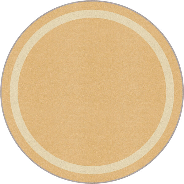 A round beige area rug with a white border.