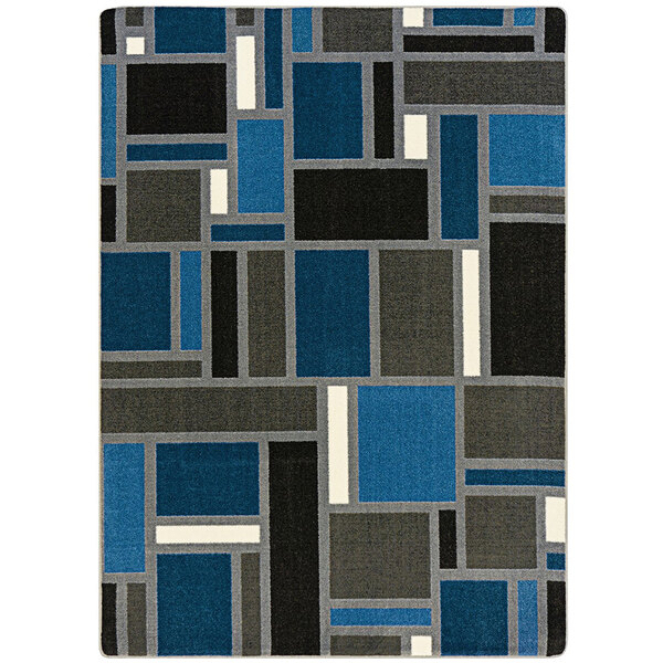 A blue and black rectangular area rug with squares and rectangles in sapphire blue.