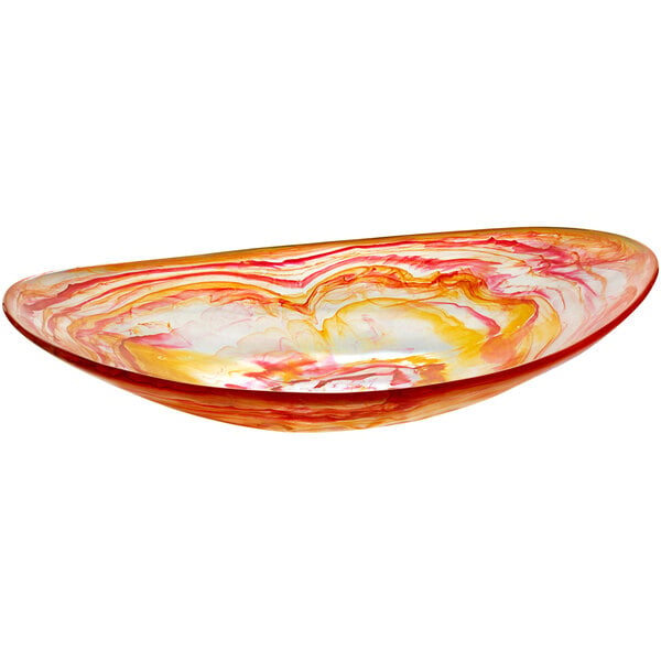 A Bon Chef oval resin bowl with a red and yellow swirl design.