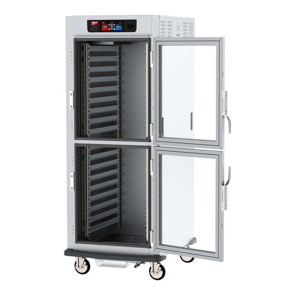 A Metro C5 9 Series heated holding and proofing cabinet with a clear Dutch door open.