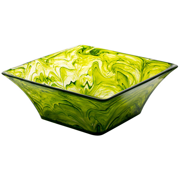 A square green Bon Chef bowl with yellow swirls.