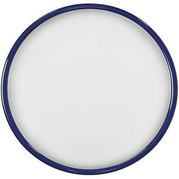 A white round melamine serving tray with a blue rim.