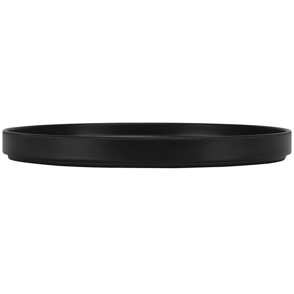 A black round Cal-Mil melamine plate with a white border.