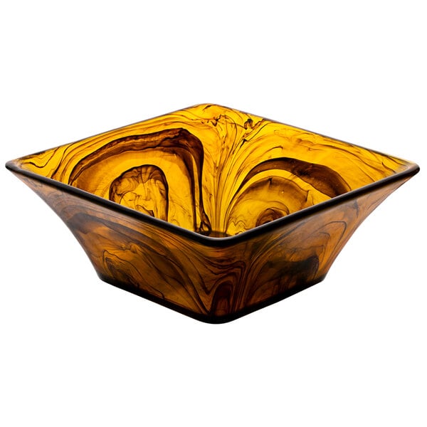 A square brown Bon Chef resin bowl with a swirl of black paint.