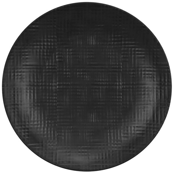 A Cal-Mil Sedona black melamine plate with a textured pattern.