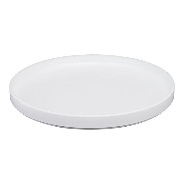 A white Cal-Mil melamine plate with a low rim.