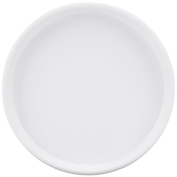 A white Cal-Mil melamine plate with a round rim.