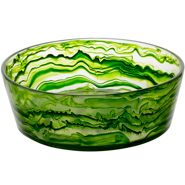 A green bowl with white swirls.