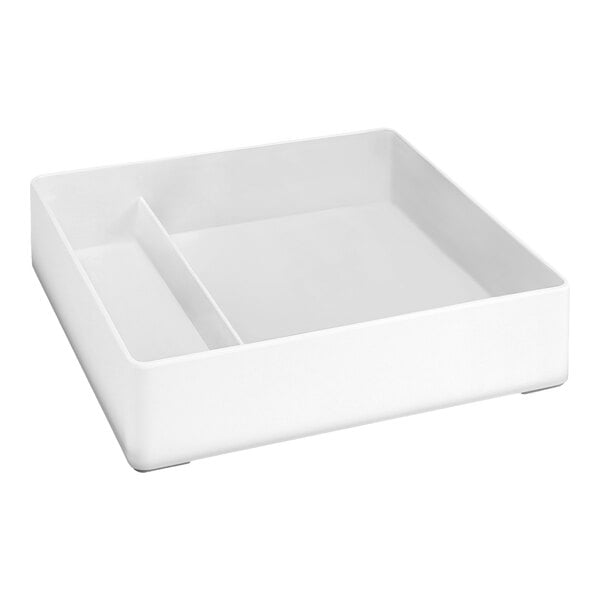A white square container with two compartments, one larger and one smaller, separated by a divider.