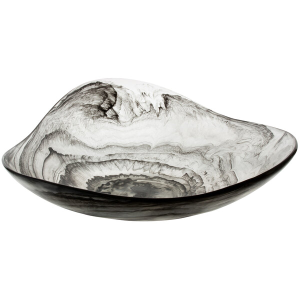 A black and white triangle smoke resin bowl with a swirl design.