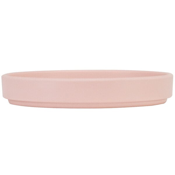 A close-up of a Cal-Mil Hudson blush melamine plate with a low rim in pink.