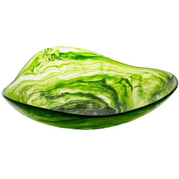 A green Bon Chef triangle bowl with a swirl design.