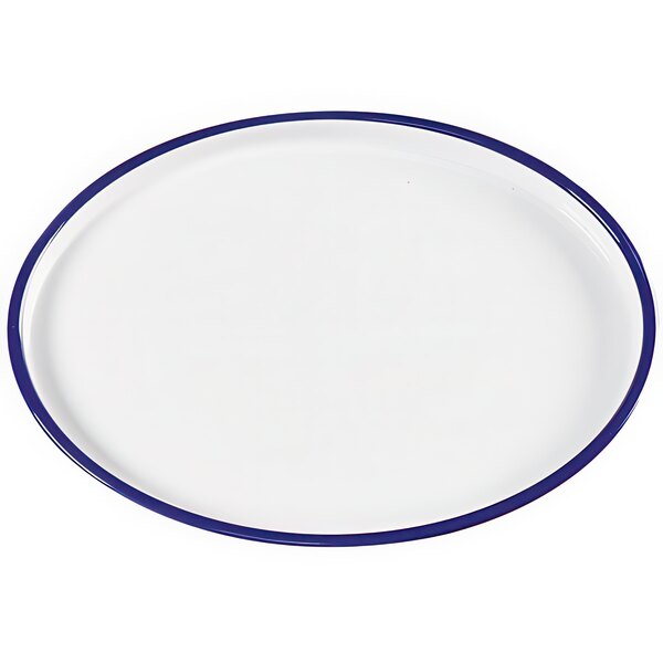 A white Cal-Mil oval melamine tray with a blue rim.