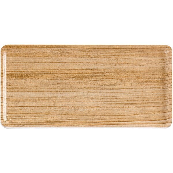 A rectangular faux wood melamine tray with a handle.