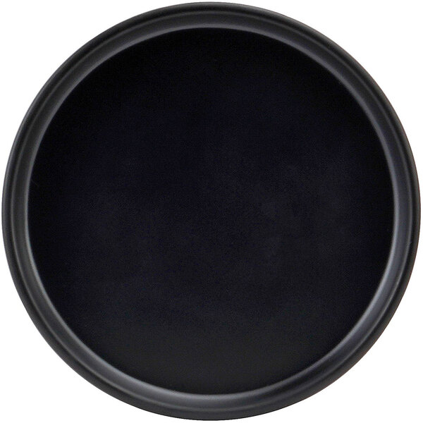 A black round Cal-Mil melamine plate with a low black rim.