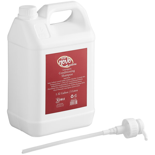 A white plastic container of Noble Eco Novo Natura conditioning shampoo with a red label and white lid.