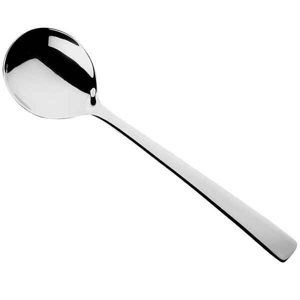 A Sola stainless steel soup spoon with a long silver handle.