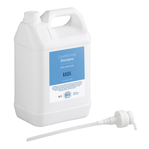 A white plastic container of Lavex conditioning shampoo with a blue label.