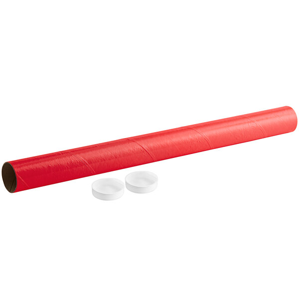 A red plastic tube with two white caps.
