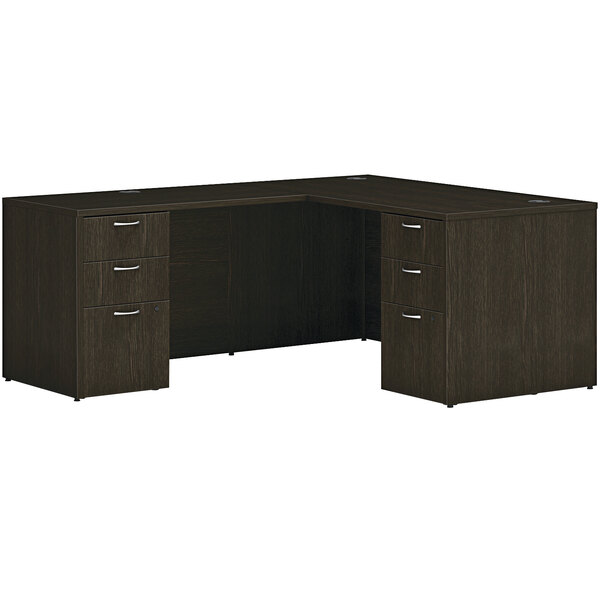 A Java oak laminate L-station desk with 2 storage pedestals.