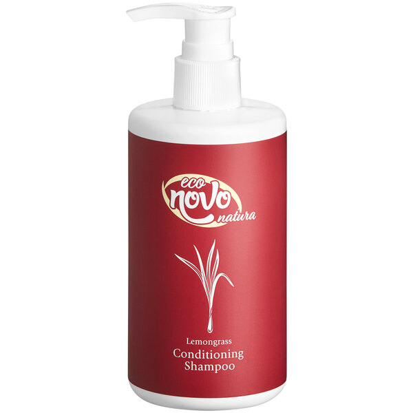 A white bottle of Noble Eco Novo Natura conditioning shampoo with a red label and white lid.