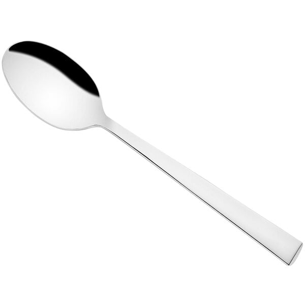 A Sola stainless steel demitasse spoon with a silver handle on a white background.
