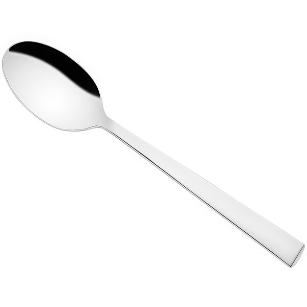 A Sola stainless steel demitasse spoon with a silver handle.