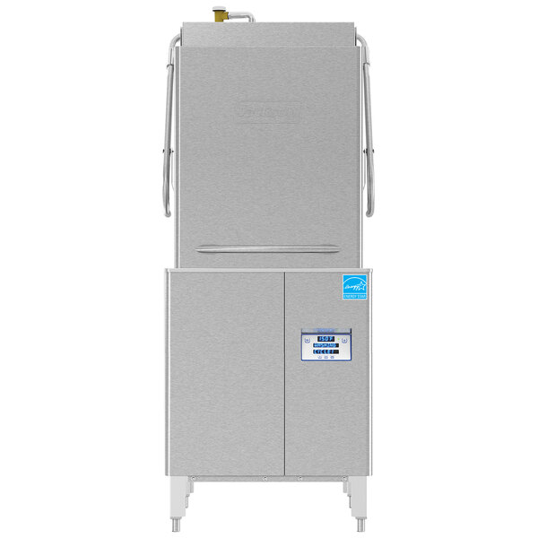 A Jackson stainless steel door type dishwasher with a door open.
