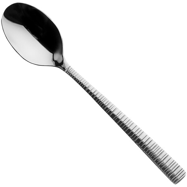 A Sola stainless steel dessert spoon with a black handle and silver spoon.