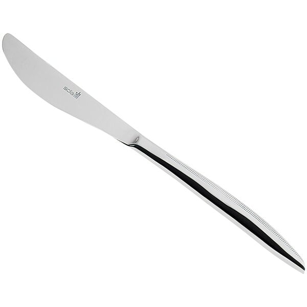 A Sola stainless steel butter knife with a black handle.