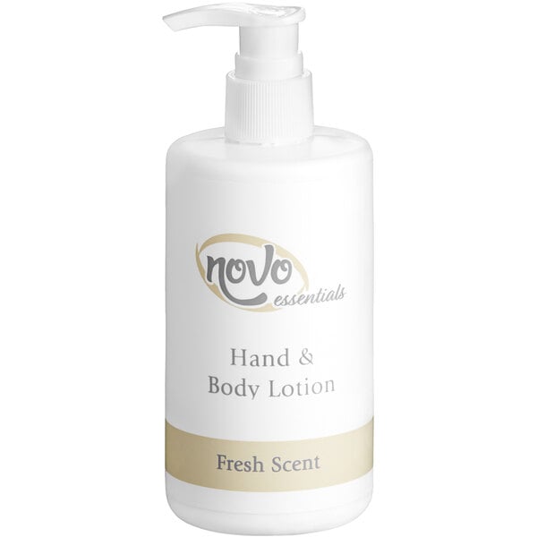 A white Novo Essentials hand and body lotion bottle with a white label and lid.