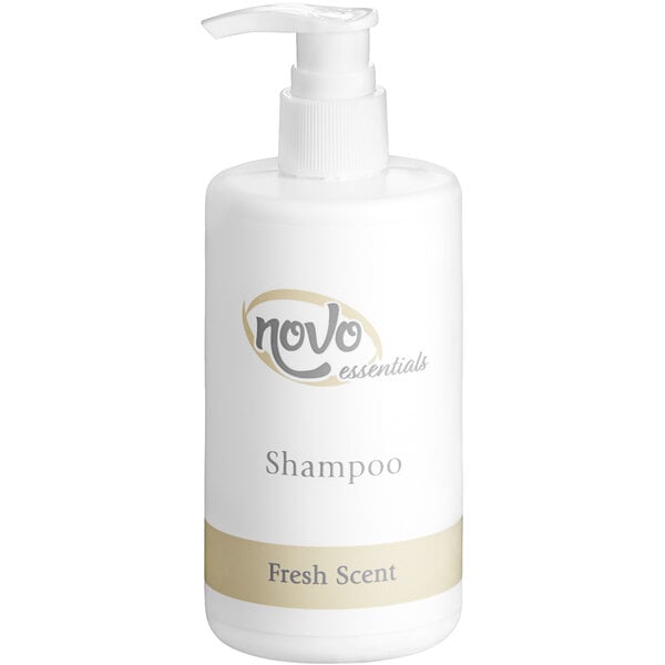 A white Novo Essentials shampoo bottle with a white label and lid.