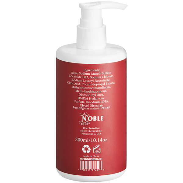 A white bottle of Noble Eco Novo Natura body wash with a red label and white text.
