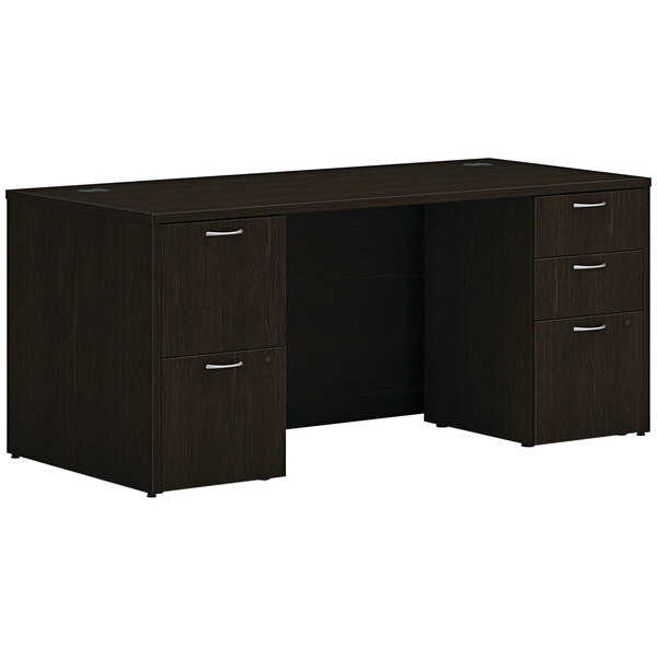A Java oak laminate Hon desk with 2 storage pedestals.