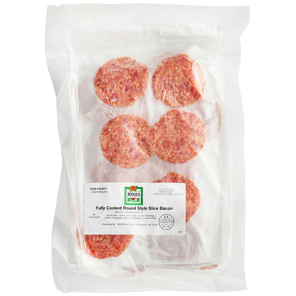 A package of Jones Dairy Farm round style bacon in plastic.
