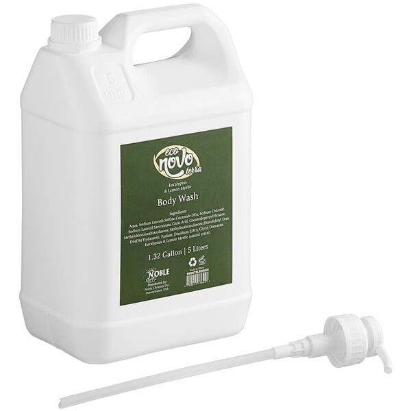 A white plastic container of Noble Eco Novo Terra body wash with a green and white label and a white tube.