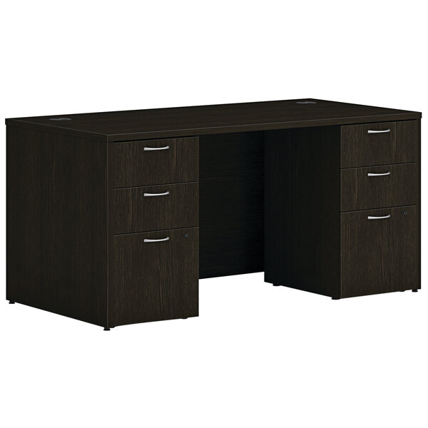 A Java oak Hon desk with storage pedestals.