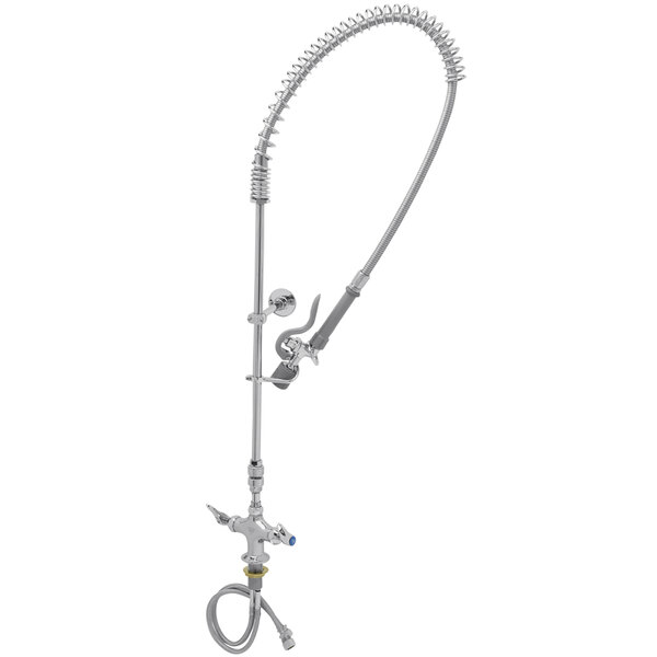 A silver T&S deck mount pre-rinse faucet with a hose.